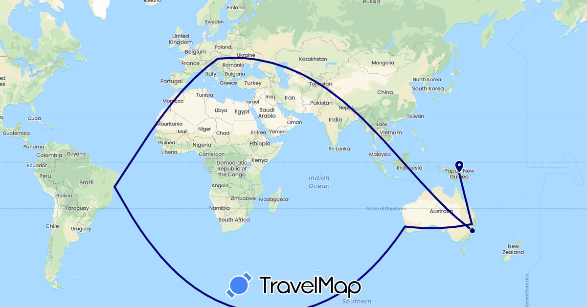 TravelMap itinerary: driving in Austria, Australia, Brazil, Papua New Guinea (Europe, Oceania, South America)